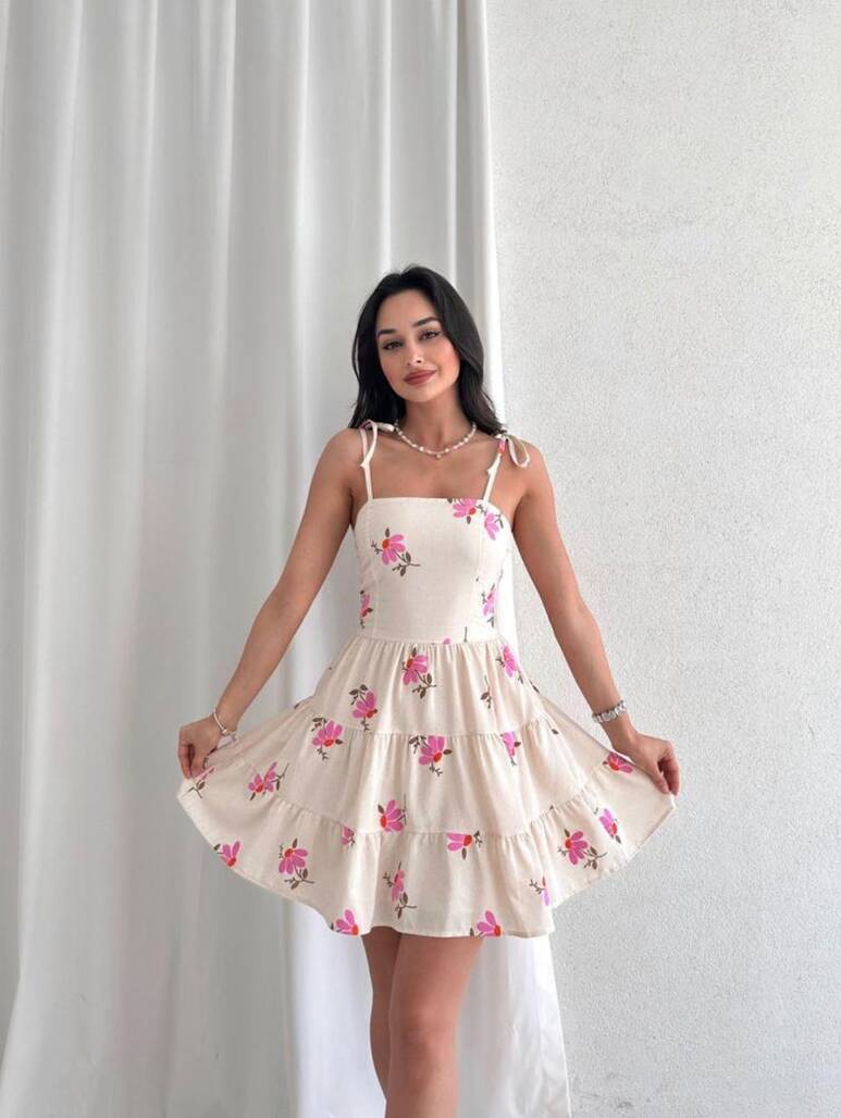 Çiçek Desenli Mini Elbise - 11478