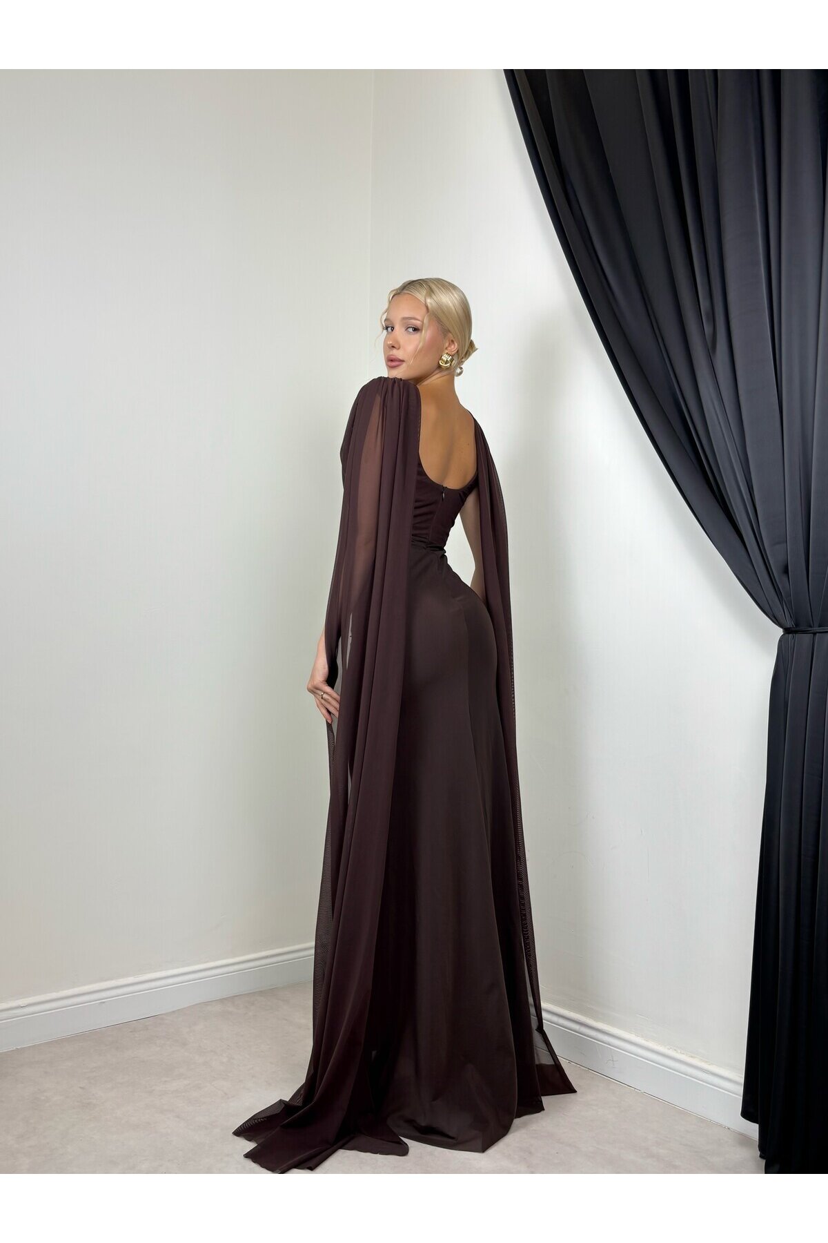 KAHVE 20627 PELERİN MAXİ ELBİSE