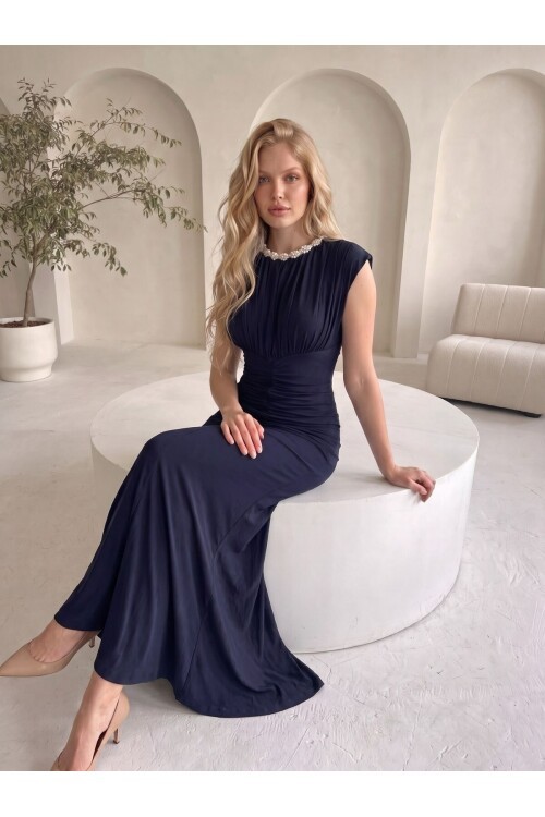 LACİVERT 20730 İNCİ DETAYLI ELBİSE